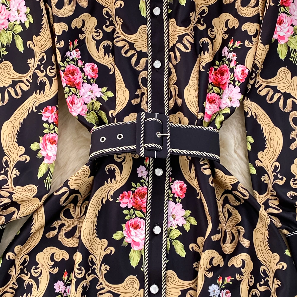 Banulin sukienka Midi w stylu Vintage wiosenny i jesienny nowy Fashion Design kobiety Runway gลรณwna ulica czarne kwiaty drukuj pas elegancka sukienka