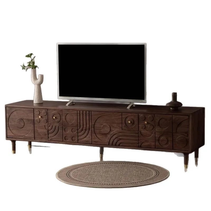 

Nordic expression black walnut TV cabinet small apartment living room ancient solid wood carving flower simple modern TV cabinet