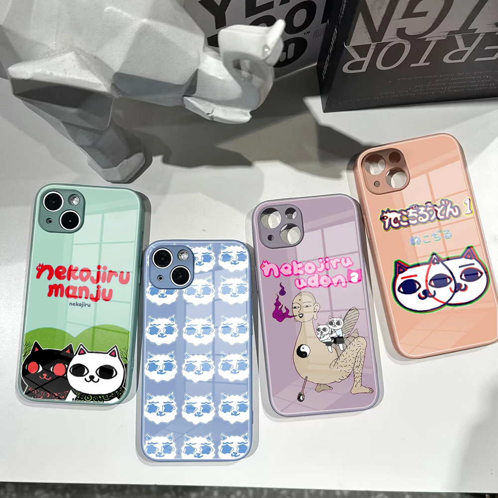 For Iphone 14 Nekojiru Cute Cartoon Phone Case Glass 14 13Pro Plus X 13 Pro MAX XR XS MINI Stained Glass Covers