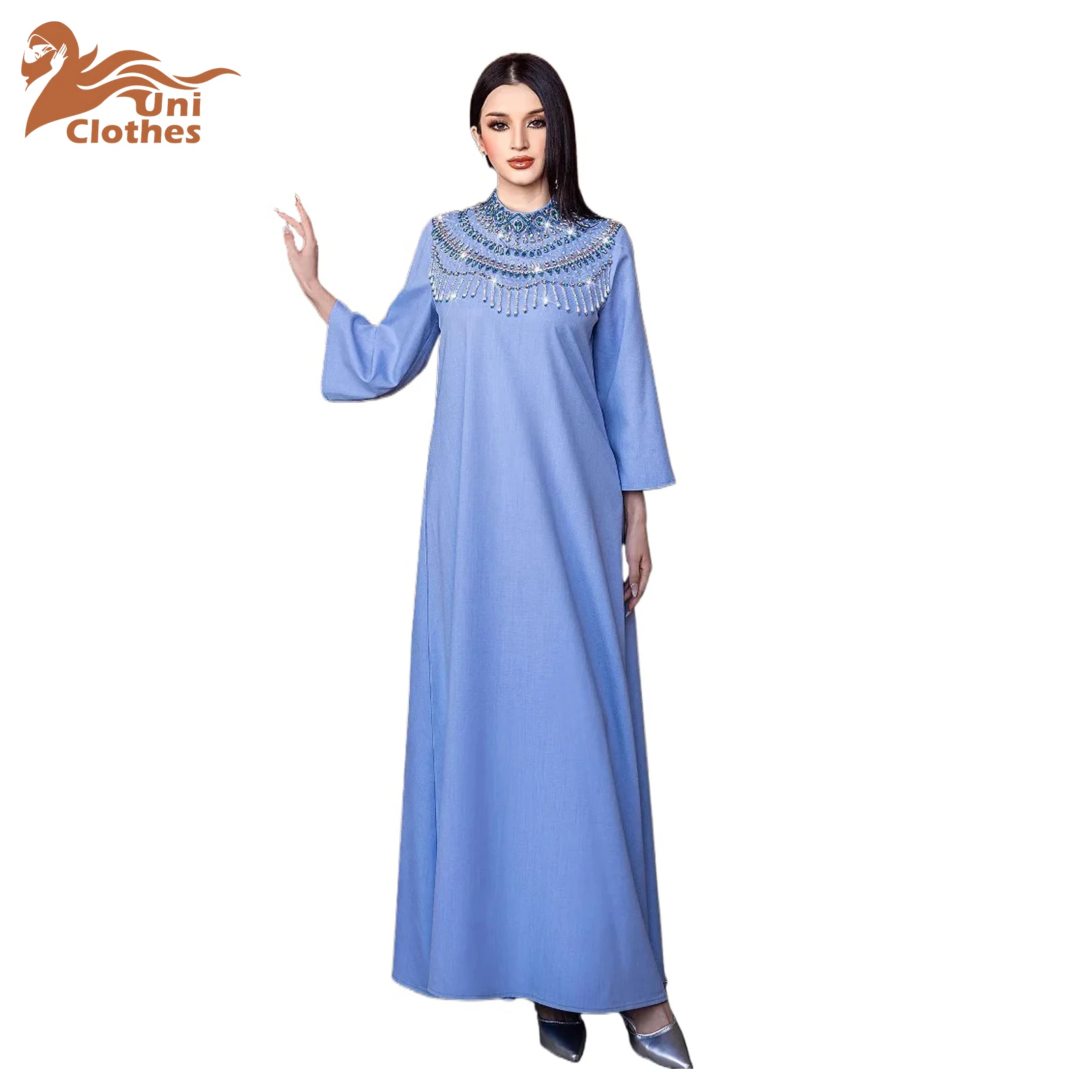 

UNI 2025 New Fashion Muslim Abaya Semi High Neck Elegant Party Dress Diamond Tassel Skirt Ramadan Light Luxury Robe Middle East