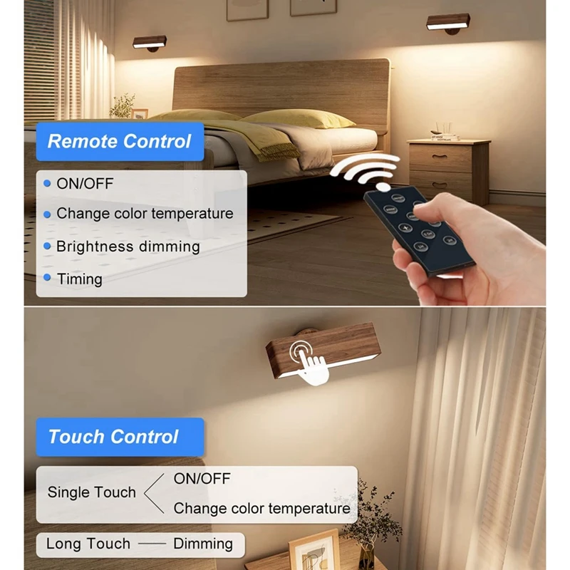 ●Rechargeable Bedroom Wall Light Dimmable Wood Wall Light Wireless Wall Mounted Light Bedroom with 3 Color Temperatures-A57M