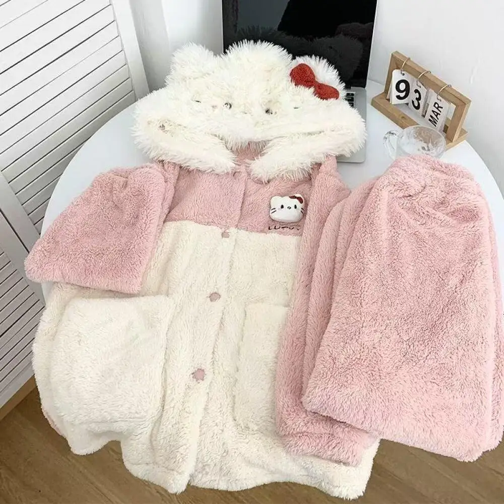 

Kawaii 2Pcs Women's Plush Pajamas Suit Anime Hello Kitty Winter Cute Home Clothes Cartoon Thickened Homewear Soft Girls