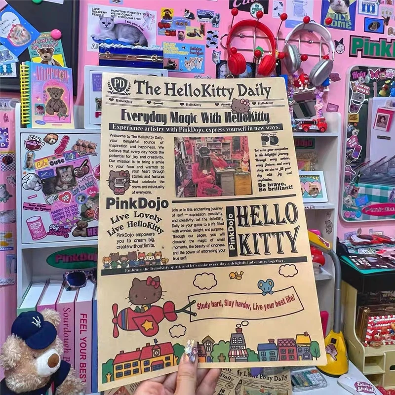 Kawaii 3Pcs Holle Kitty Newspaper Cute Y2K Poster Vintage Decoration DIY Hanging Painting Toy Story Newspaper Birthday Gift