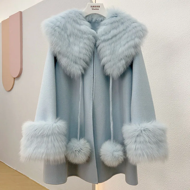 

2024 New Loose Wool Blended Coat With Real Fox Fur Collar Long Sleeve Fashion Genuine Fox Fur Jacket Female Outwear Wool Jackets