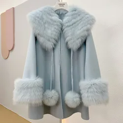 2024 New Loose Wool Blended Coat With Real Fox Fur Collar Long Sleeve Fashion Genuine Fox Fur Jacket Female Outwear Wool Jackets