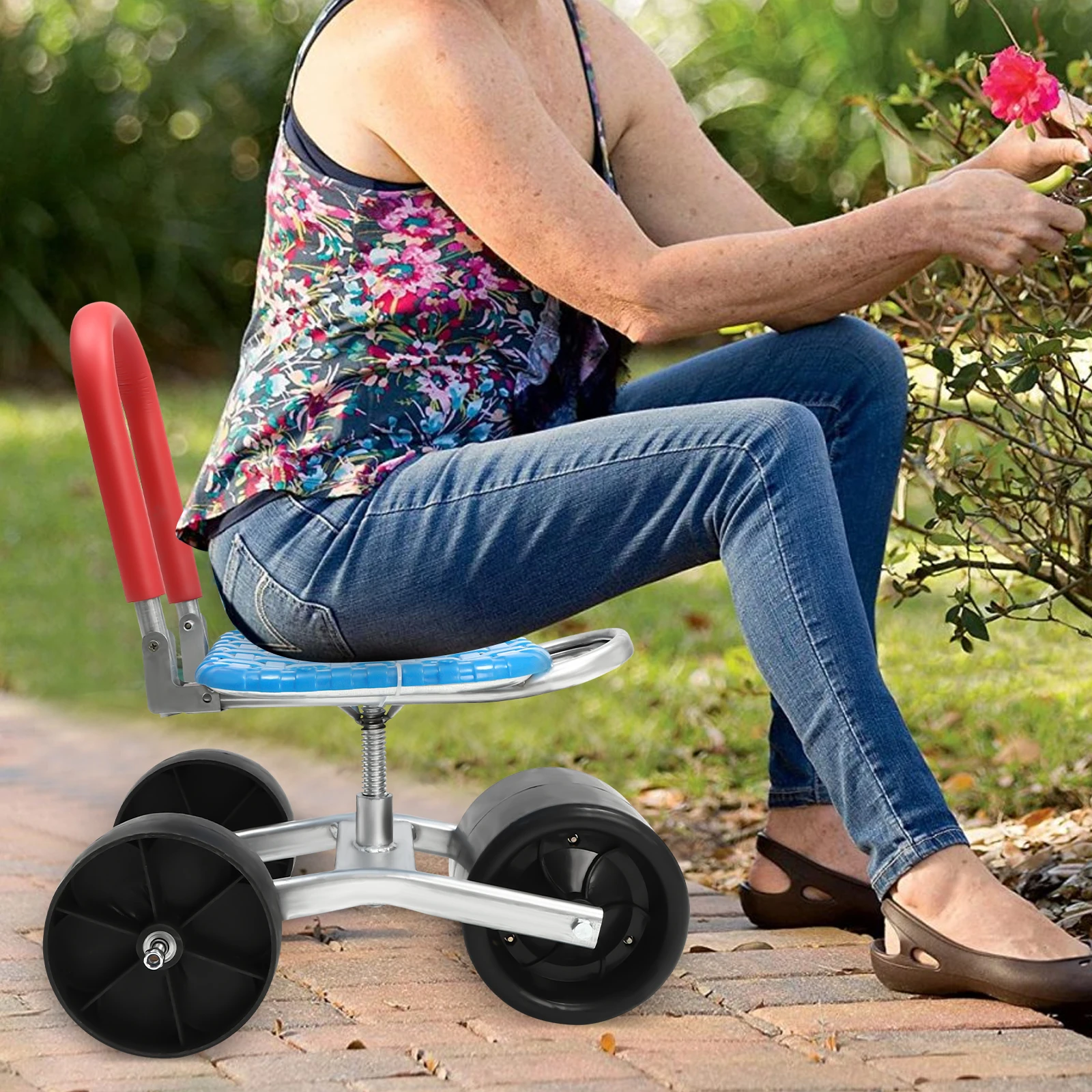 Garden Cart Rolling Stool with Wheels, Stable Workseat Sturdy Cart Adjustable Seat Height and Direction, Gardening Helper