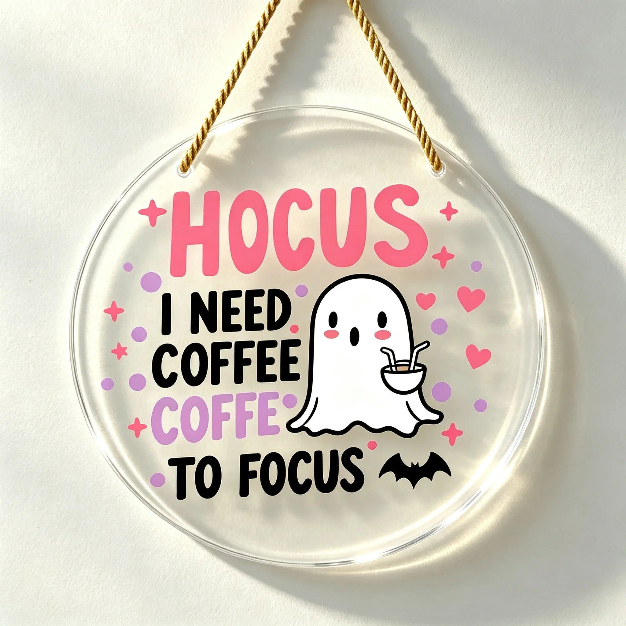 Hocus I Need Coffee To Focus Round Acrylic Hanging Sign, Cute Ghost Halloween Door Decor