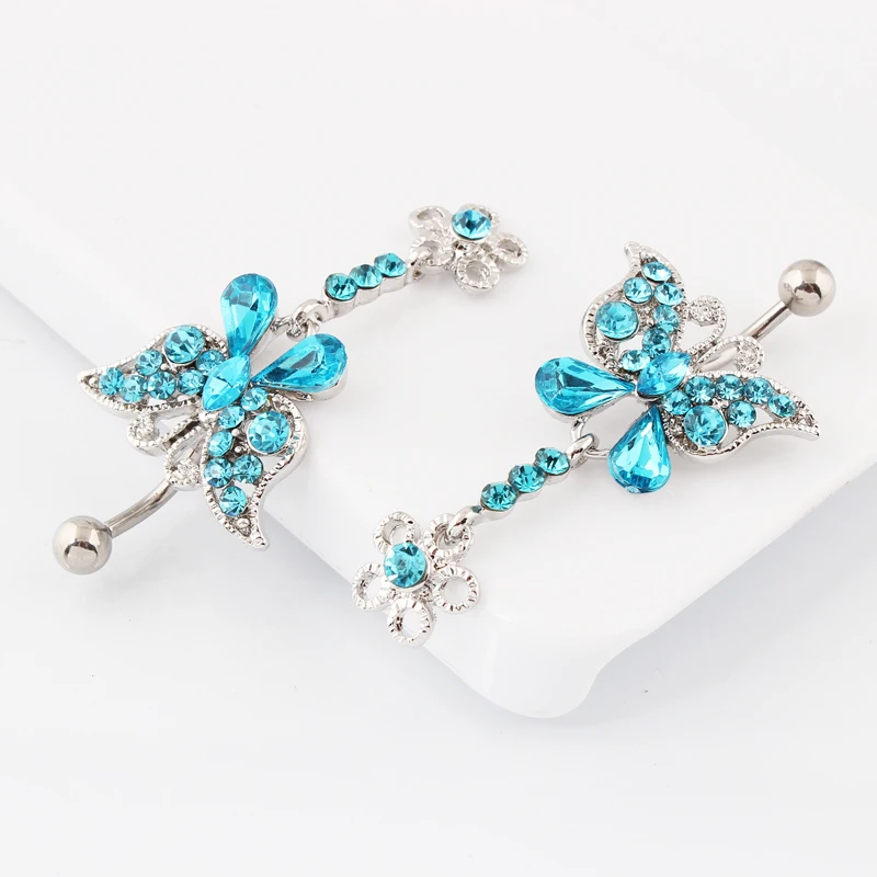 Rhinestone Blue Butterfly Belly button ring Woman Fashion Body piercing Navel ring jewelry  14G 316L Surgical steel Bar TAIERS