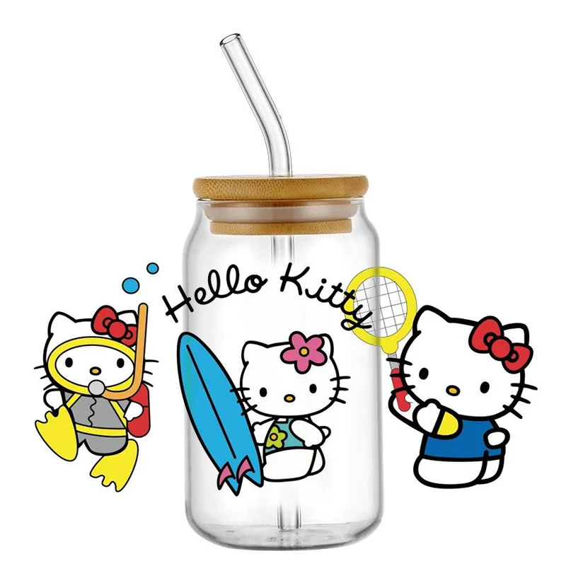 Miniso New Hello Kitty Cartoon UV DTF Cup 3D Wrap For 16oz Libbey Coffee Glass Can Cup Wrap Easy peel DIY Wholesale