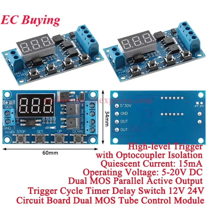 ZK-TD4 MOS Trigger Cycle Timer Delay Board Module DC 5V-30V Turn On/Off Relay Module with LED Digital Tube Display 0.1~999 Min
