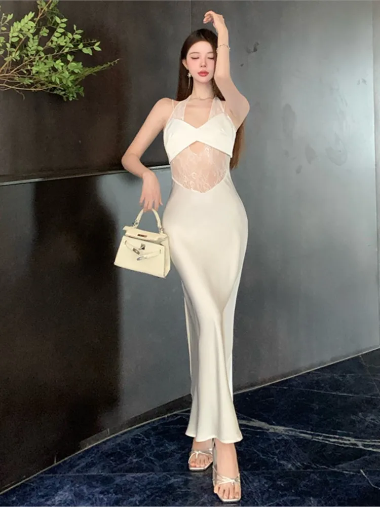 

Womens Elegant Lace Patchwork Satin Evening Dress Sexy Bodycon Slim Fit Vest Party Dresses Fairy Princess Hollow Out Vestidos