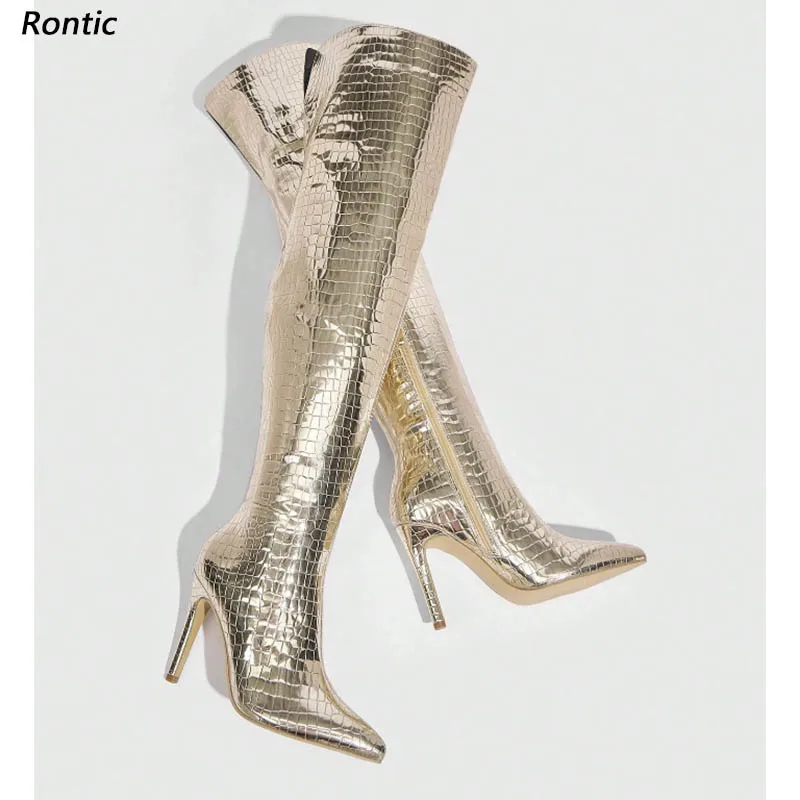 Rontic Women's Handmade Gold Over-the-Knee Boots - Artisanal Craftsmanship for Bold, Statement-Making Style Shoes US Size 5-16