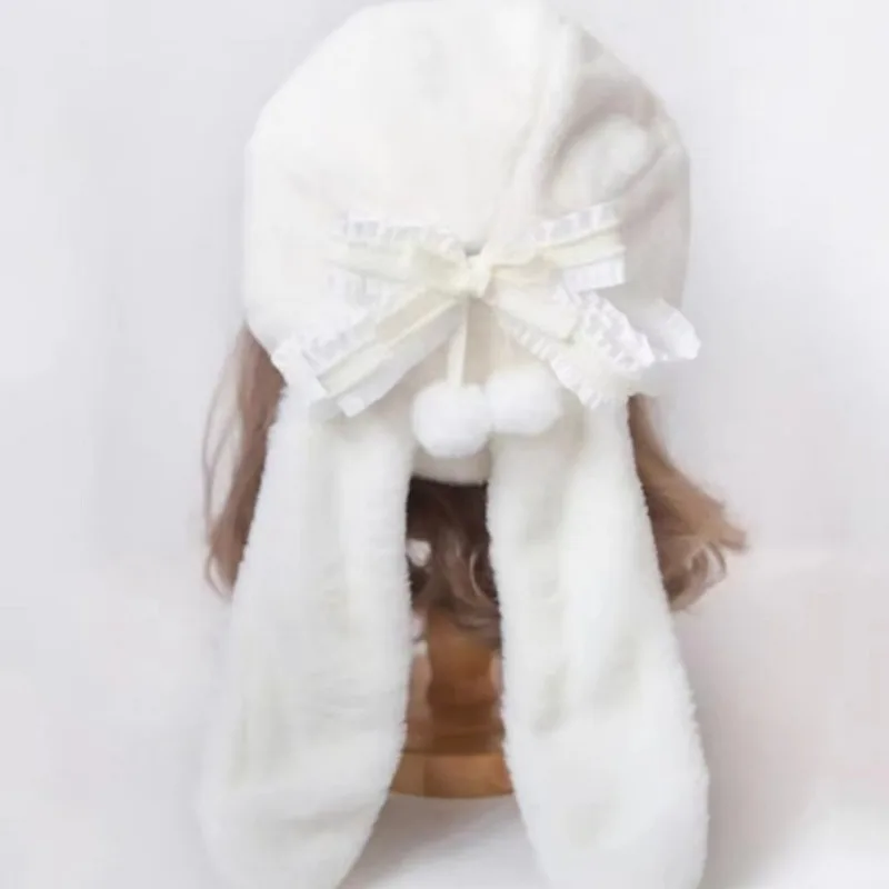 Korean Version of Autumn and Winter White Lolita Beret Original Plush Warm Rabbit Ear Bow Dome Sweet Painter Hat for Women's