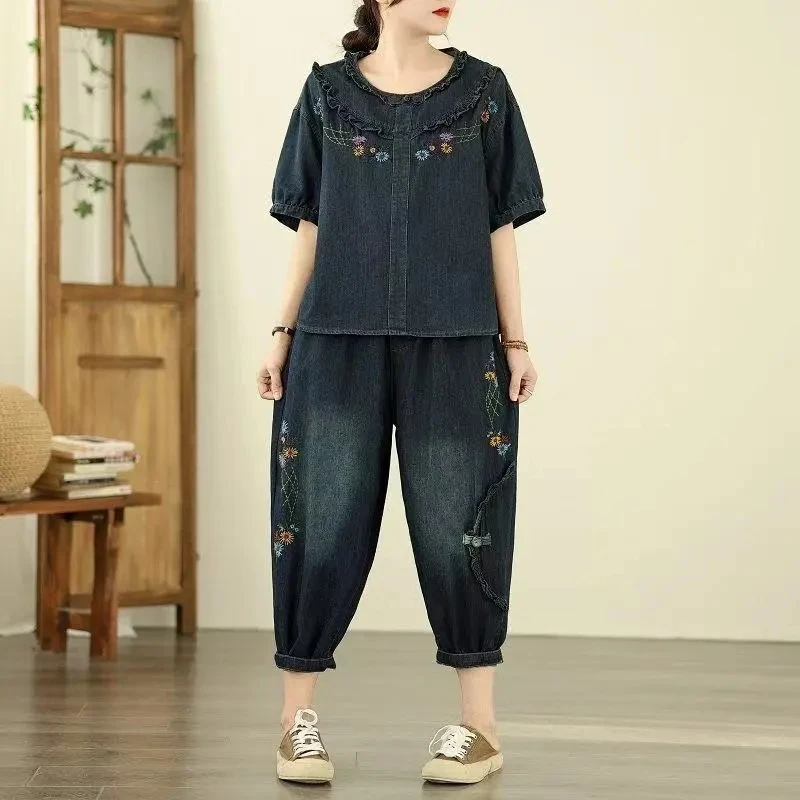 

Summer Fashion A Cowboy Suit 2025 Womens Embroidery Denim Suit Casual Big Size O Neck T-shirt+ Loose Jeans Two-Piece set Ladies