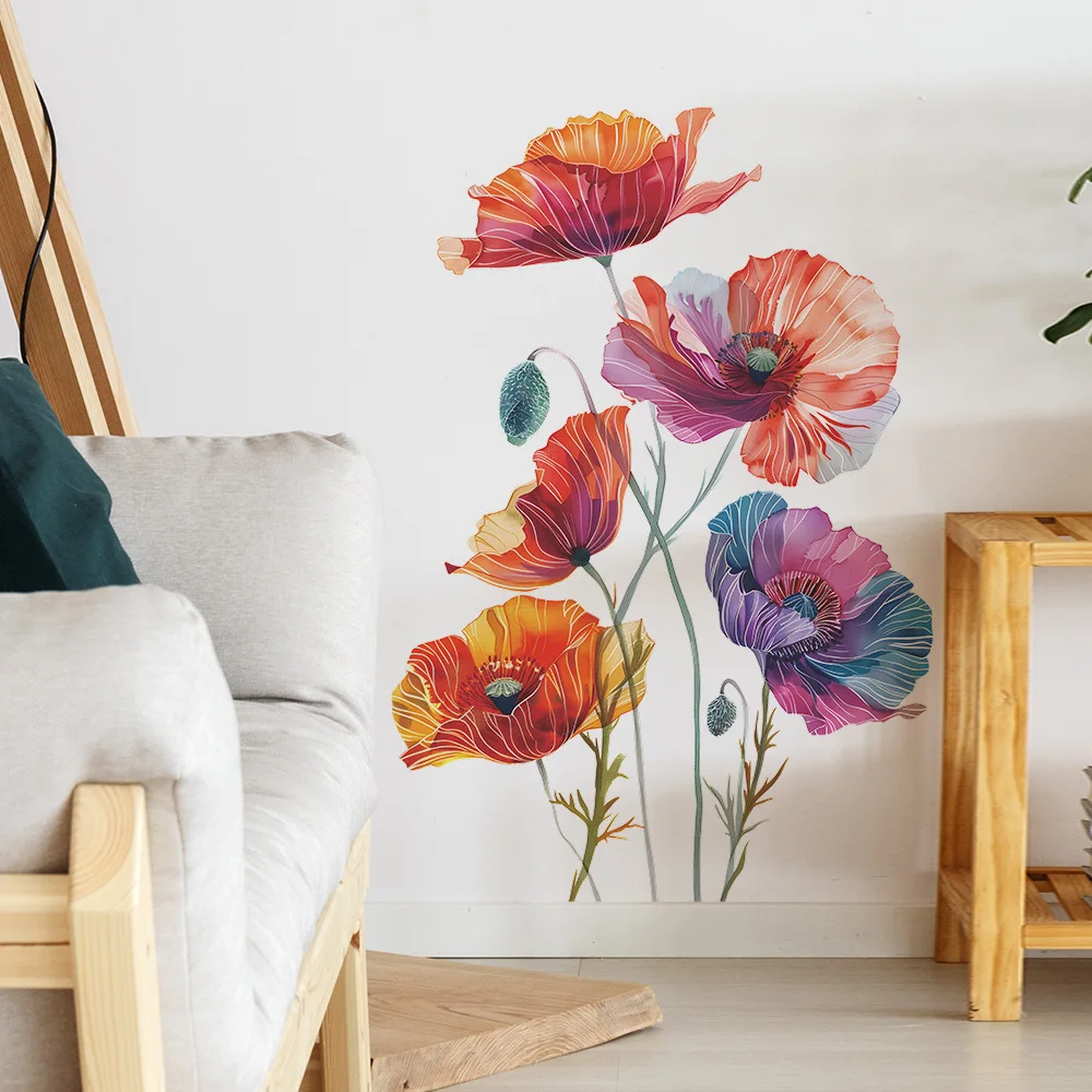 Gorgeous Colorful Corn Poppy Wall Stickers Living Room Bedroom Flower PVC Decal Art Interior Decoration Self-adhesive Wallpaper