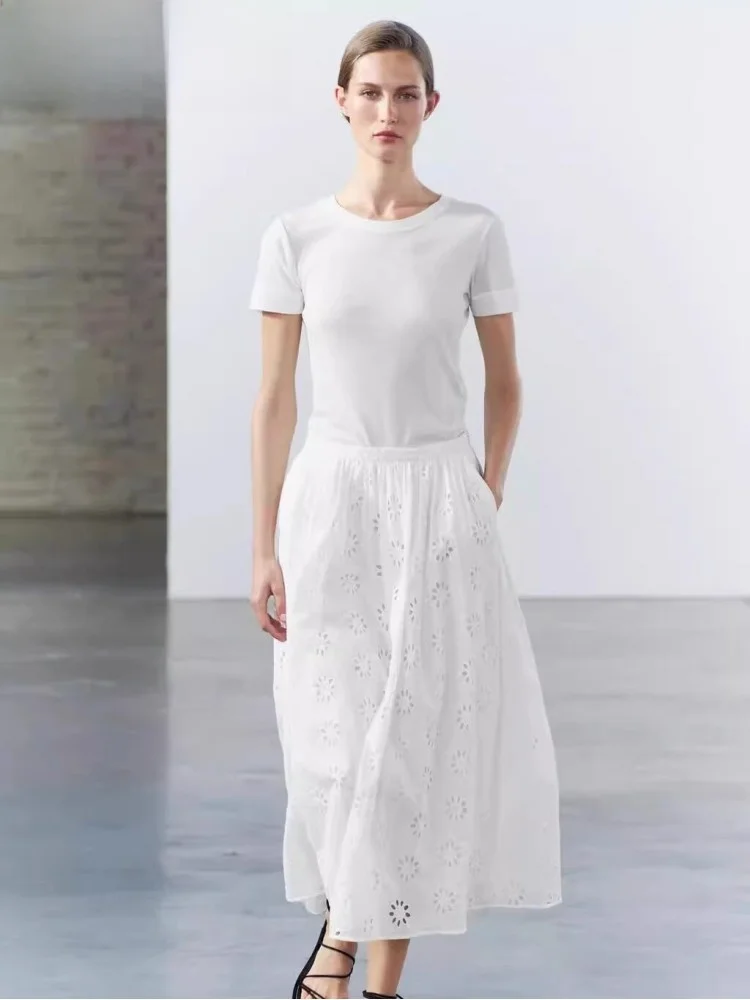 

Ele Sweet Versatile Hollow Embroidery Long Skirt Women's Faion High Waist A-Line Skirt Polyester Fabric Summer New Arrival