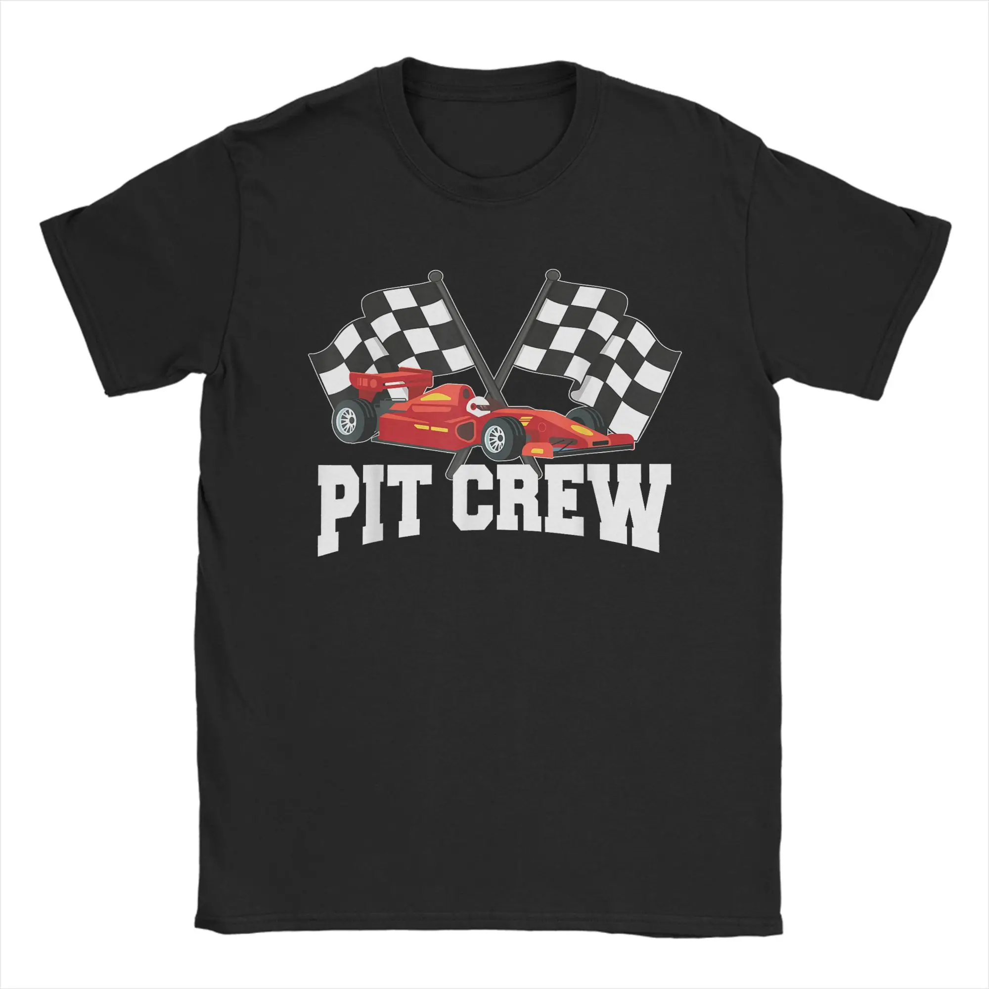 Pit Crew Car Racing Party And Checked Flag T-Shirts for Men Crew Neck Pure Cotton T Shirts Short Sleeve Tees Summer Clothing
