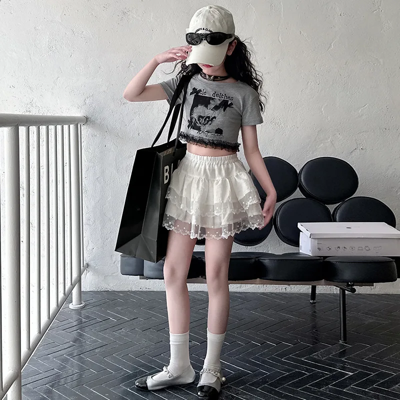 2025 الصيف الأطفال الفتيات الملابس طباعة المراهق 1 قطعة تي شيرت كامل أو الدانتيل قصيرة مطوي الطبقات تنورة 4 8 10 11 12 سنة