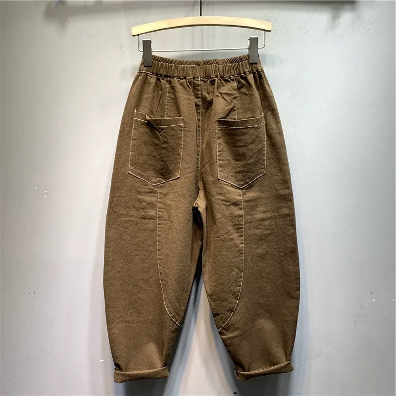 女性用プリーツポケットカーゴパンツ、コットン作業服、ゆったりとしたパンツ、用途の広い、ファッションデザイン、春夏