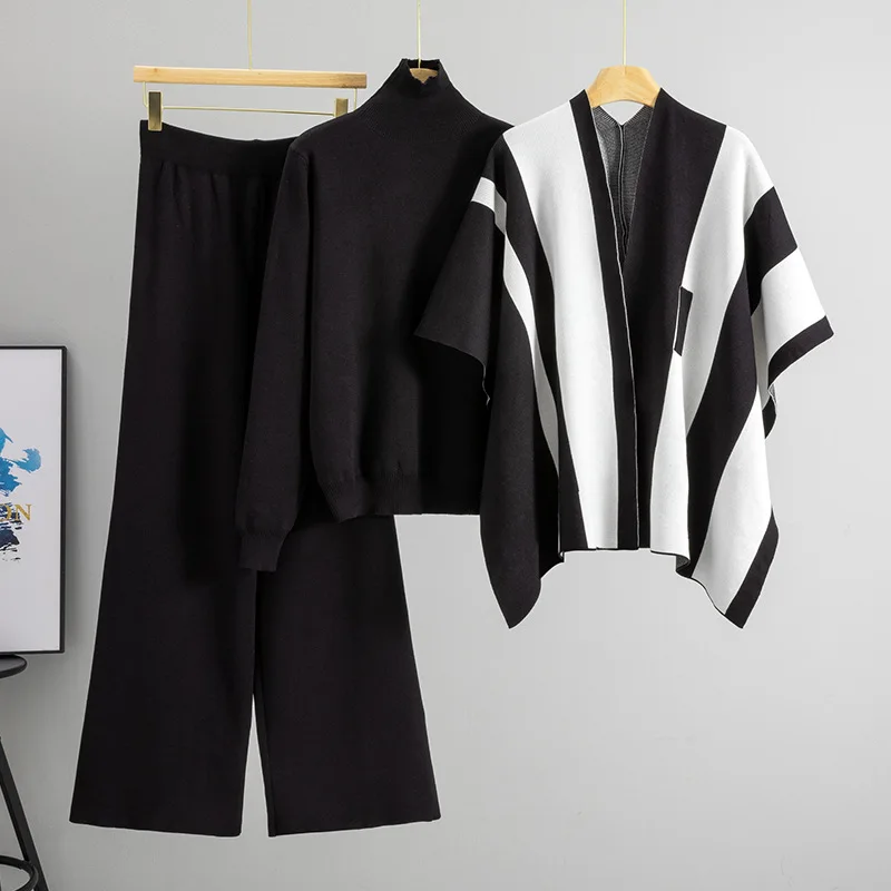 

Вязаный костюм, мусульманский женский свитер, кардиган, шаль, пуловер, широкие брюки, комплекты из 3 предметов, вязаные ансамбли, повседневная одежда 2025