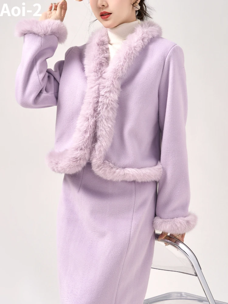 Vintage Fashion Purple Wool Suit Women's 2023 Autumn Winter Cotton-Padded jacket Coat+Slim-Fit Long Skirt Elegant 2-Piece Set