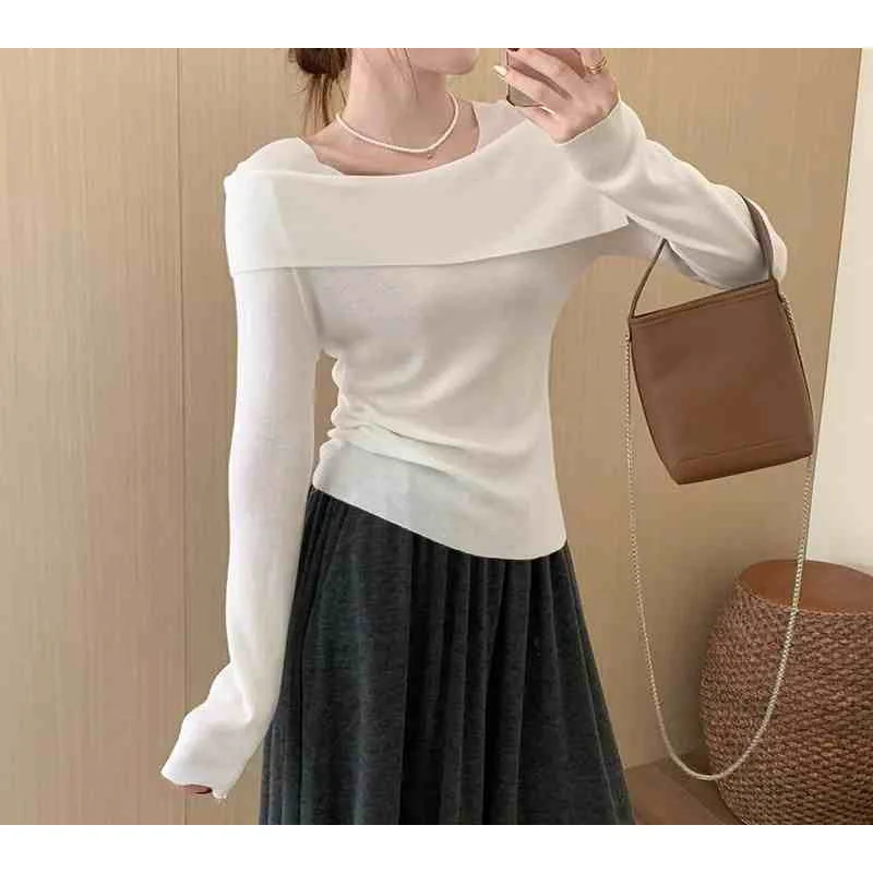 

Elegant Pullover Tops Fashion Causal Women's Slim Fit Knitted Sweater One-shoulder Design Neline Base Layer Sweet Top