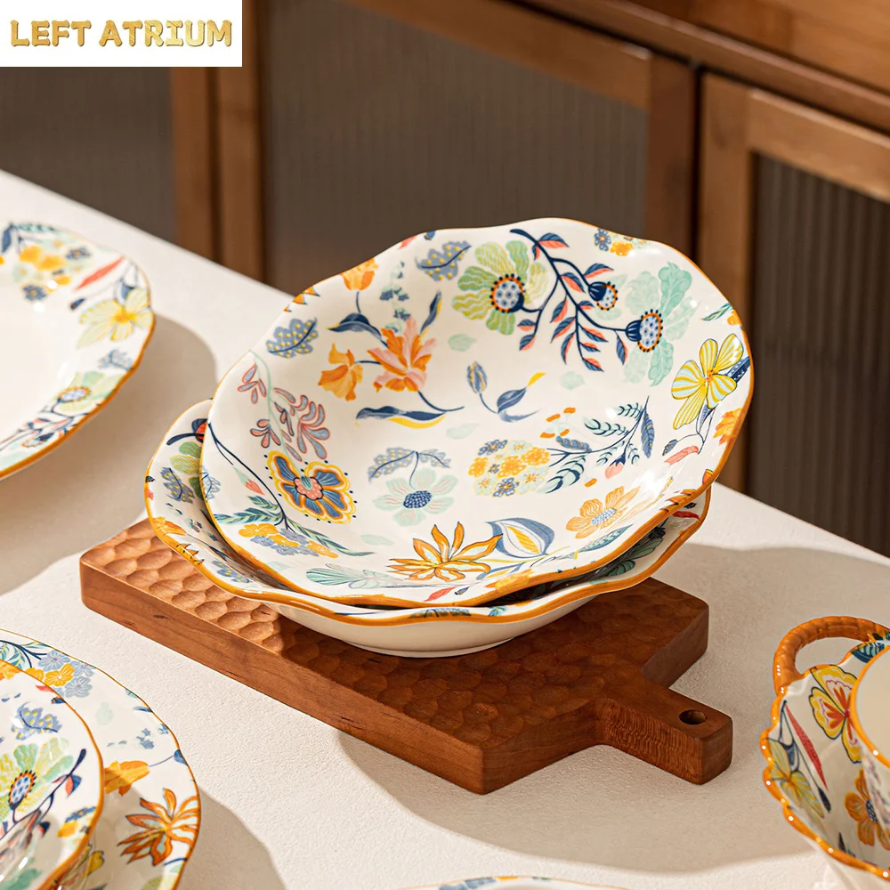 Floral Glazed Ceramic Plates Exquisite Underglaze Colour Porcelain Home Dinnerware Fruit Snack Specialty Plates Tableware