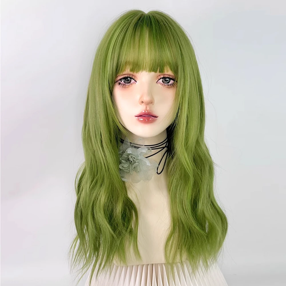 VICWIG Synthetic Long Green Wavy Curly Wigs with Bangs Lolita Cosplay Fluffy Women Natural Hair Wig for Daily Party