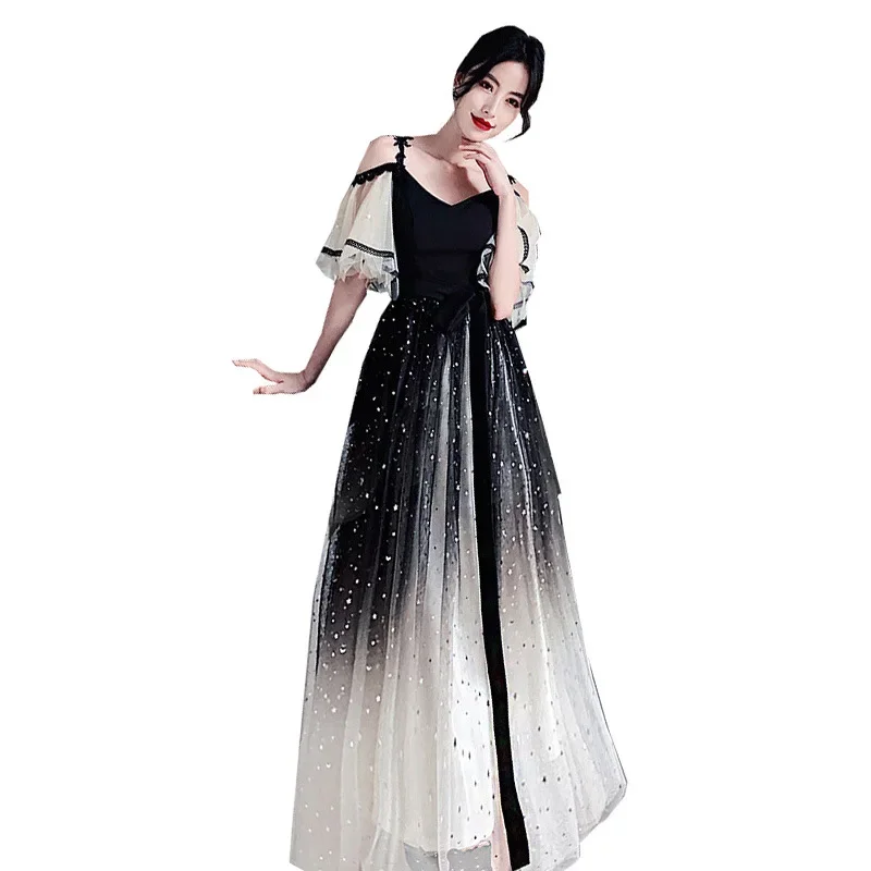 Evening Dresses Boat Neck R262 Elegant Black Gradient Robe De Soiree Spaghetti Strap Sequin Tulle Plus size Women Party Gowns