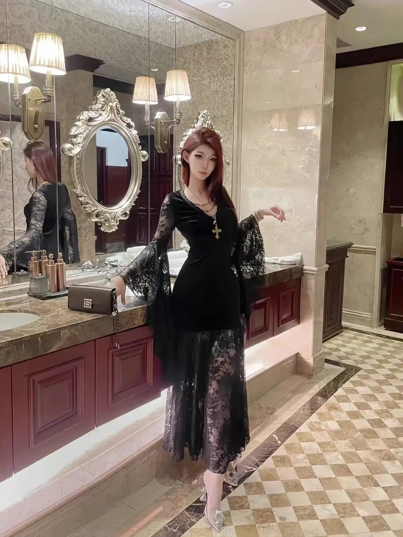 Gothic Sle loween Lace Splicing Bat Sve Dr Women's Light Subculture Clothing Long Dr High Waist Polyester Fiber