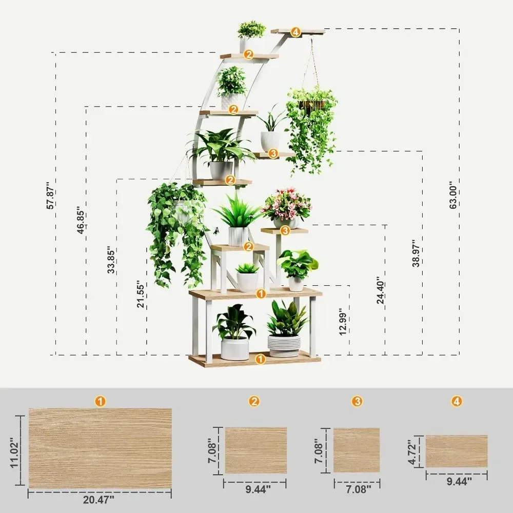 Suporte para plantas interno com luzes de cultivo, prateleira de metal de 9 camadas, suporte alto de 63" para ambientes internos múltiplos, grande