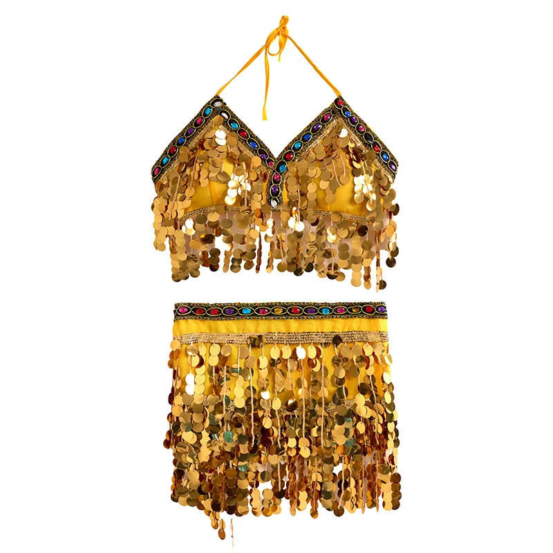 Colorful Sequin Chest Wrapped Tassel Waist Chain Belly Dance Belt Belly Dance Set Stage Performance Sequin Tassel Women's Set