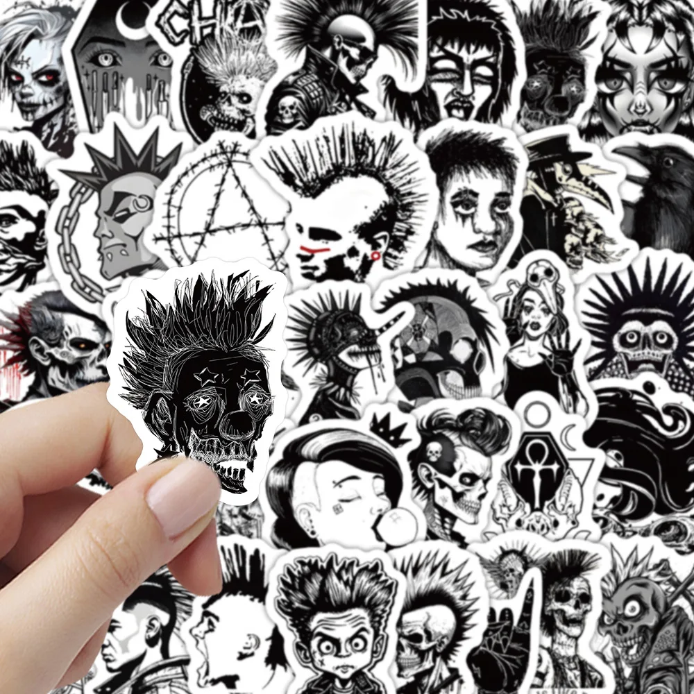

10/60PCS Black White Gothic Sitkcers Punk Style Graffiti Decals Cartoon Creative DIY Fridge Laptop Guitar Bike Skateboard Toys