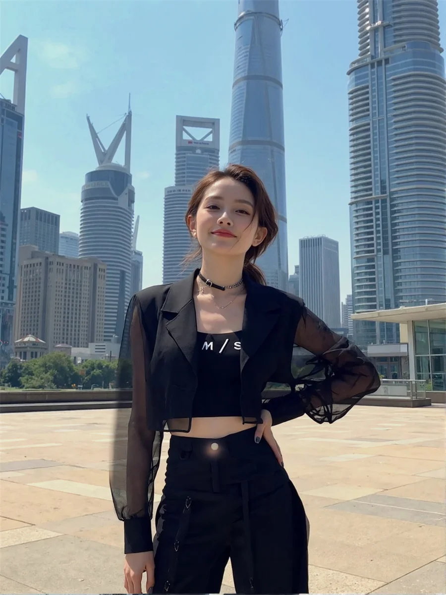 

Sun-proof Cropped See-through Back-Slit Blazers Elegant Woman Clothes For Women Multi-Color Exquisite Hotsweet Outings Waffle OL