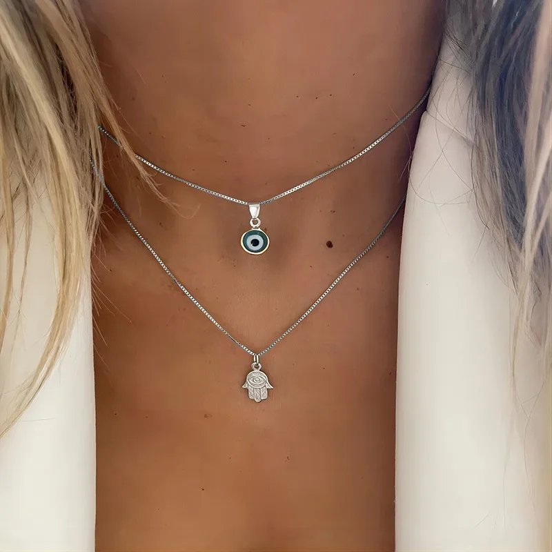 Mit Geschenkbox 2-teiliges Goldfarbenes Mehrlagiges Halsketten-Set für Frauen Böses Auge Hamsa-Hand Anhänger Vintage Boho Charm Schmuck Geschenk – Detail 7