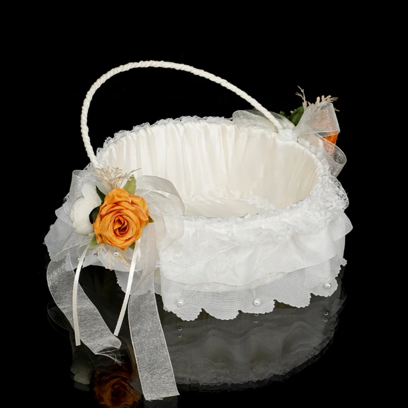 Wedding Bridesmaid Girl Bridal Handheld Flower Basket Rustic Flower Girl Basket Flower Storage Box With Pearl Handle Bowknot