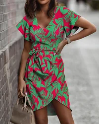 Fashion Print Woman Dress Summer Casual Short Sleeve Lace Up Elegant Beach Party Mini Dresses For Women Robe Femme New 2024