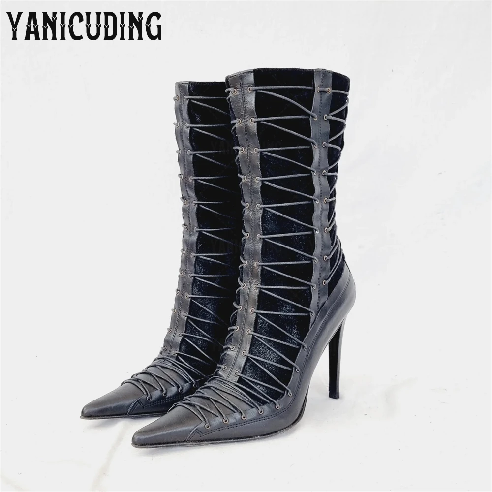 

Vintage Black Lace up Booties Crossed Through Eyelets Pointed Heeled Booties Back Zip Closure Retro Suede Ankle Boots for Women