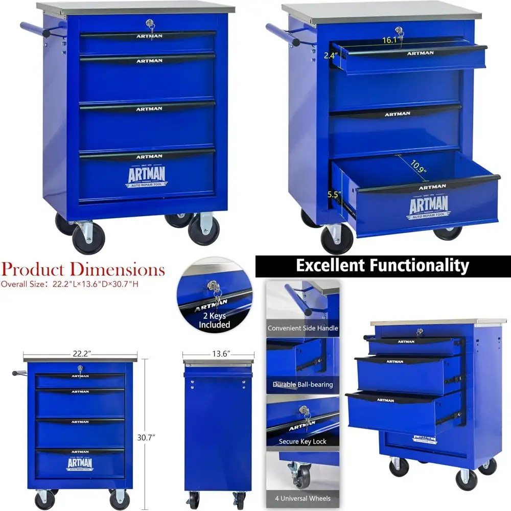 Multifunctional Rolling Tool Chest with 4 Drawers for Garage Storage and Organization on Wheels