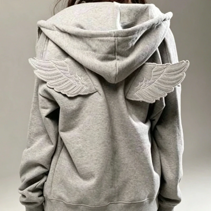 Women Fashion Grey Angel Wing Embroidered Hoodie Zipper Kawaii Pullover Sweatshirt Wing Y2K Streetwear Goth 2000s Alt Clothes