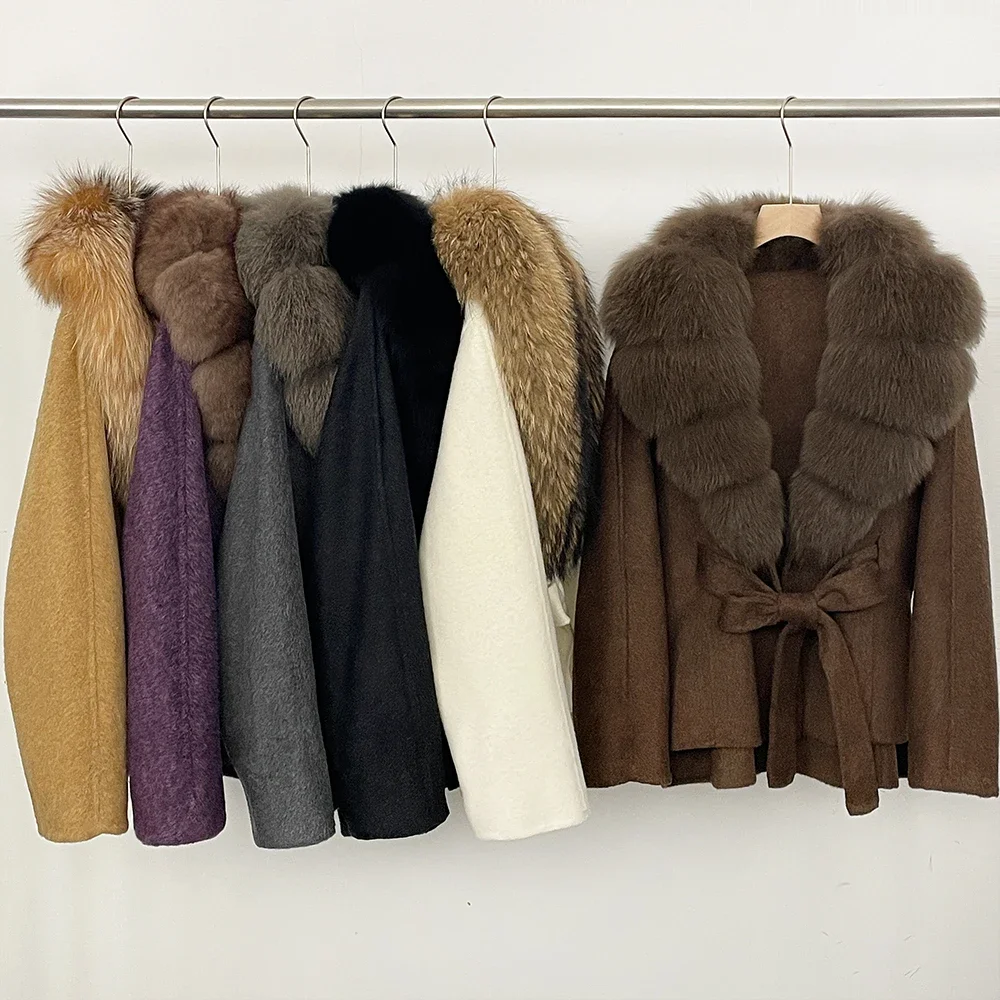 OFTBUY Neue Winterkleidung für Damen, Luxuriöser Kurzer 100% Wollmantel mit Natürlichem Pelzkragen, Warmem Gürtel und Echtem Fuchspelz, Wolljacke für Damen – Detail 4