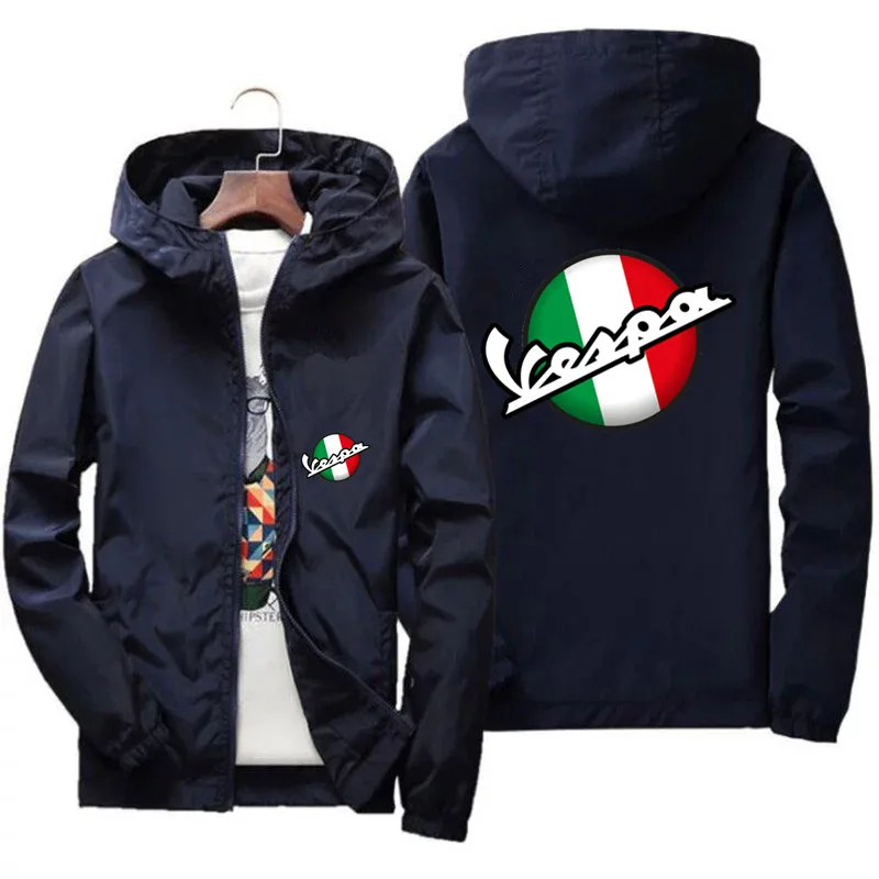 2024 Fashion Trend Mens Vespa Italy Flag Motorcycle Sportswear Hooded Bomber Zipper Thin Windbreaker Cycling Coat Jacket Plus