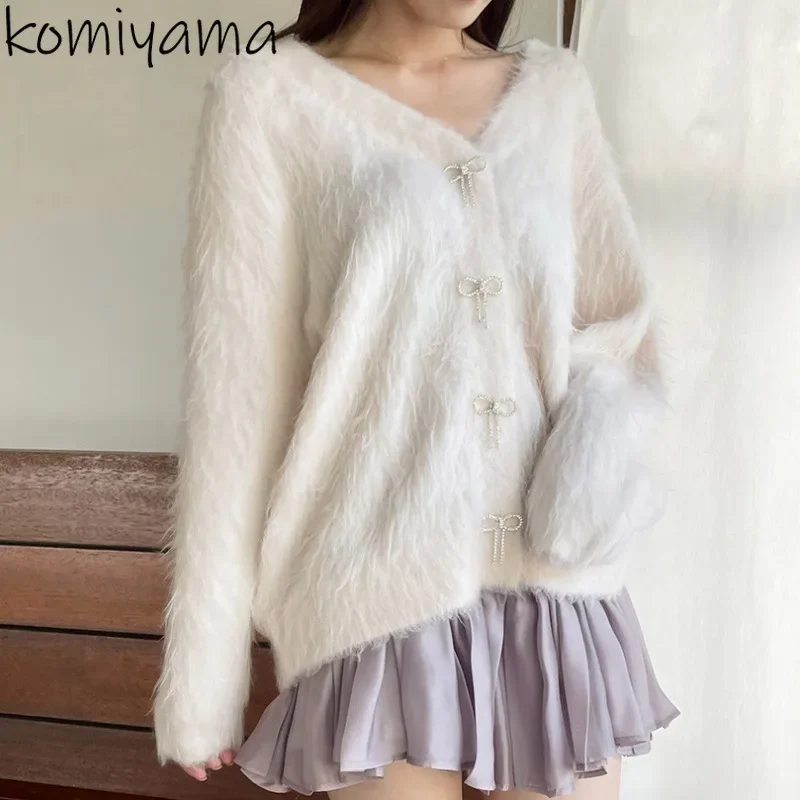 New V-neck Long Sleeve Outerwears Exquisite Diamonds Bow Buttons 2025 Woman Cardigan Knit Sweater Cardigans Japan Ropa Mujer