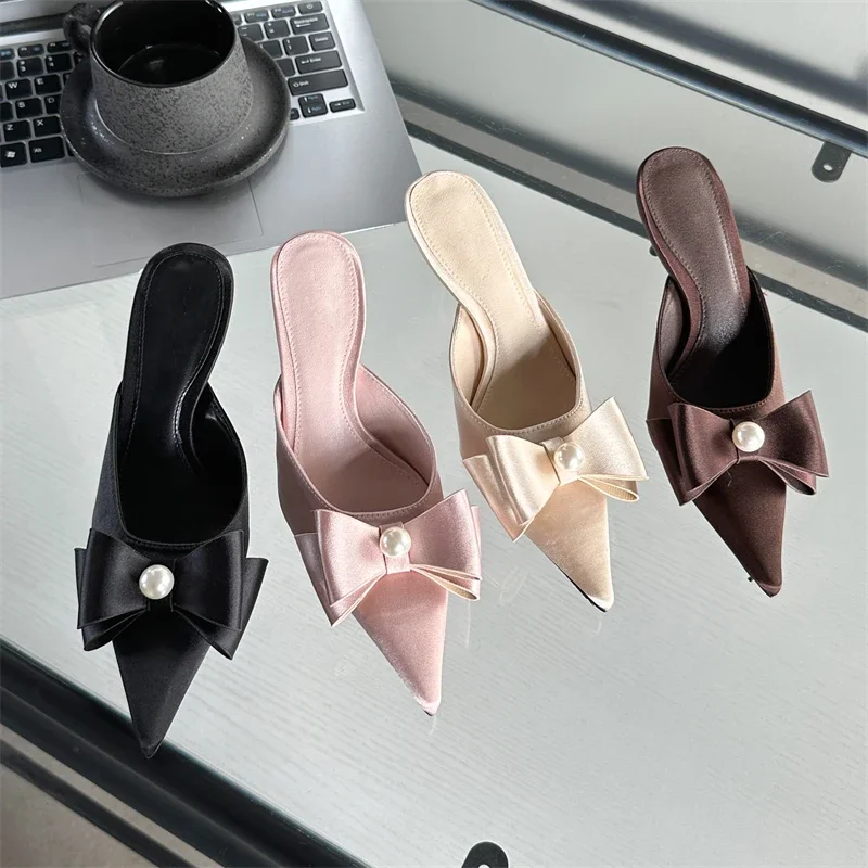 Eilyken Spring Sexy Butterfly-knot Women Slipper Pointed Toe Slip On Ladies Shoes Elegant Thin Heel Mules Dress Sandals