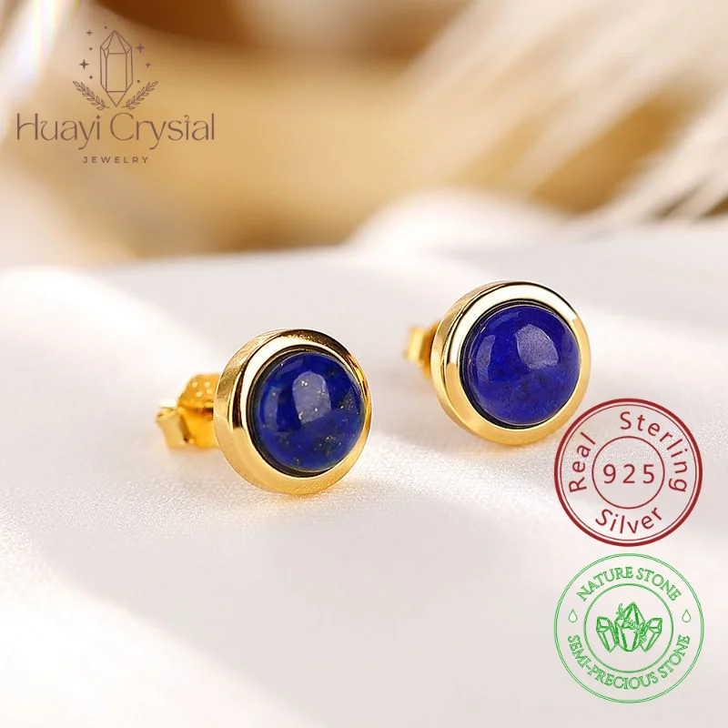 925 Sterling Silver Natural Lapis Lazuli Round Beads Minimalist Earrings 18k Gold Plated Plated for Women Girls