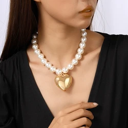 Elegant Imitation Pearl Necklace for Women Big Love Heart Pendant Necklace Girls Party Festival Jewelry Gifts