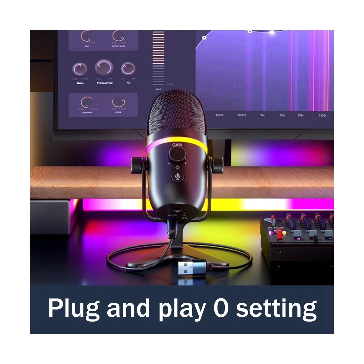 ไมโครโฟนสำหรับเล่นเกมไมโครโฟนตั้งโต๊ะไมโครโฟนสำหรับบันทึกคอมพิวเตอร์แบบ USB คอนเดนเซอร์ RGB eSports