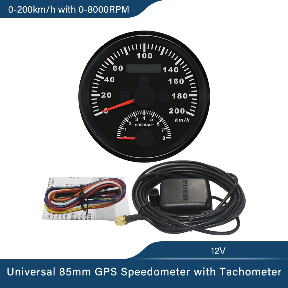 ELING 85mm 2 in 1 GPS Speedometer 0-200km/h with Tachometer Rev Counter 0-8000RPM with Red Backlight for Car Boat 8-16V