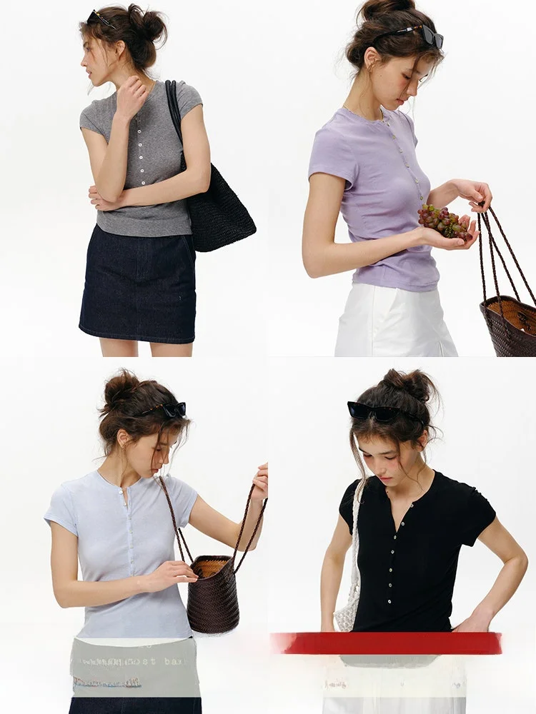 

Женская футболка Slim Fit с воротником хенли, длинным рукавом, летняя новинка, топ с коротким рукавом, ранняя осень, облегающая, с длинным рукавом, базовая модель