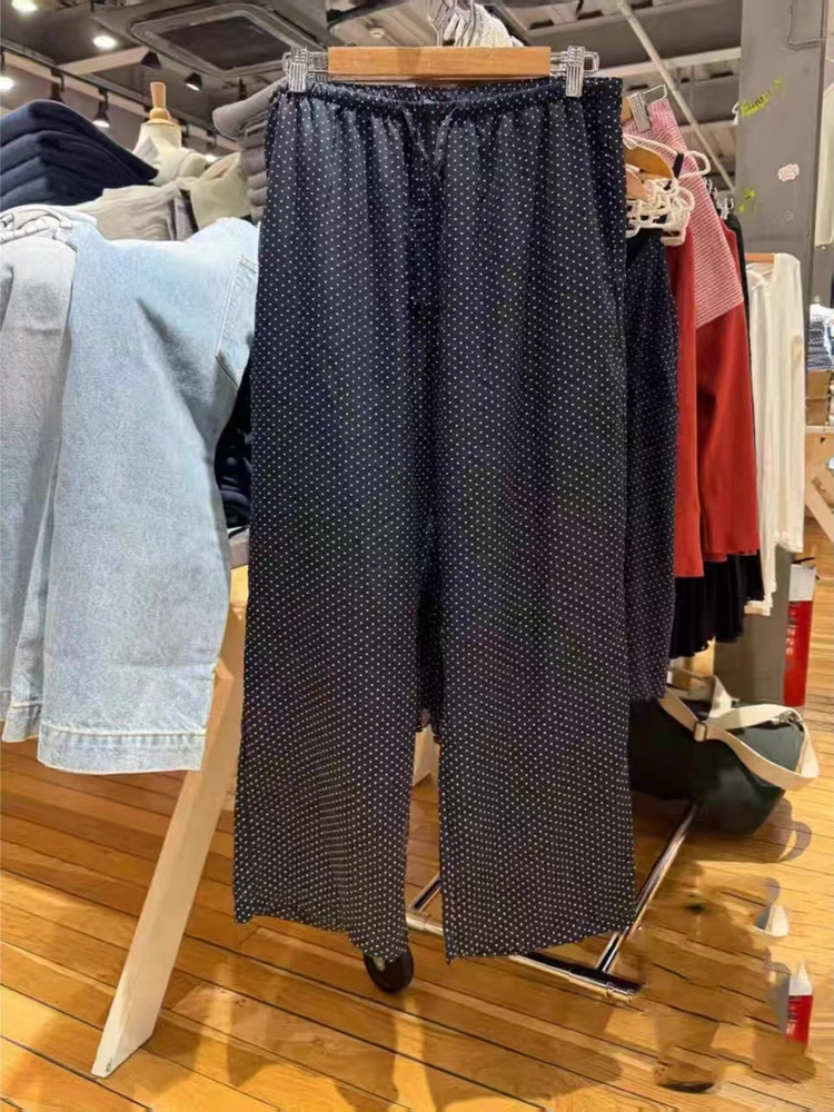 

American Sle Polka Dot Print High Waist Casual Pants with Belt Loose Wide Leg Straight Cut Cotton Ladies Faion